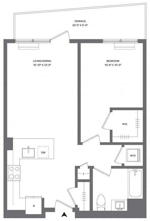 Floor plan for 1 bed, 1 bath, 714 sqft